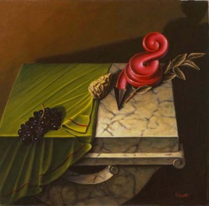 Marco Rossati - Natura morta con spirale rossa e uva nera - 1983 - Olio su tela 80x80